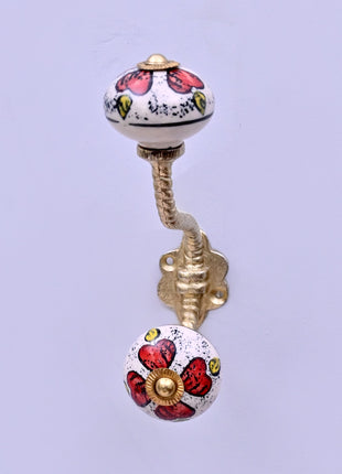 Red Floral & Yellow Accent Pattern Ceramic Knob With Metal Wall Hanger