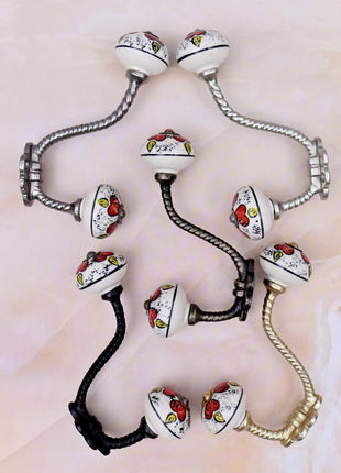 Red Floral & Yellow Accent Pattern Ceramic Knob With Metal Wall Hanger