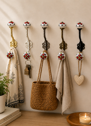 Red Floral & Yellow Accent Pattern Ceramic Knob With Metal Wall Hanger