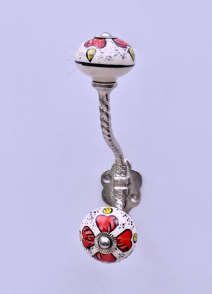 Red Floral & Yellow Accent Pattern Ceramic Knob With Metal Wall Hanger
