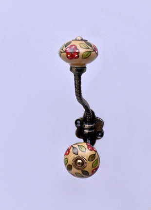 Red Flower & Colorful Leaf Ceramic Knob With Metal Wall Hanger