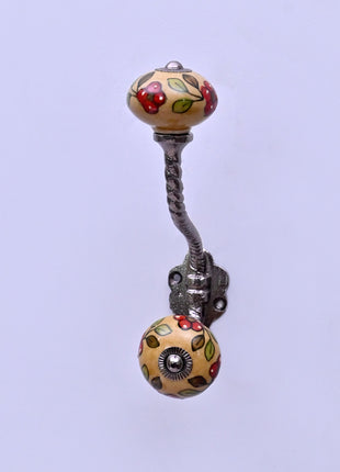 Red Flower & Colorful Leaf Ceramic Knob With Metal Wall Hanger