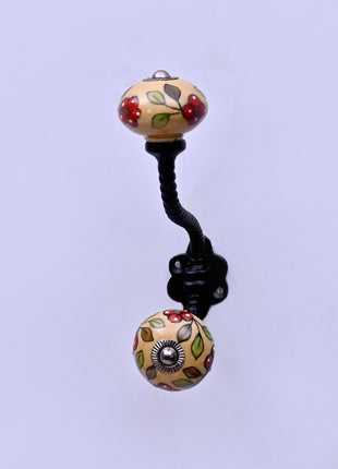 Red Flower & Colorful Leaf Ceramic Knob With Metal Wall Hanger
