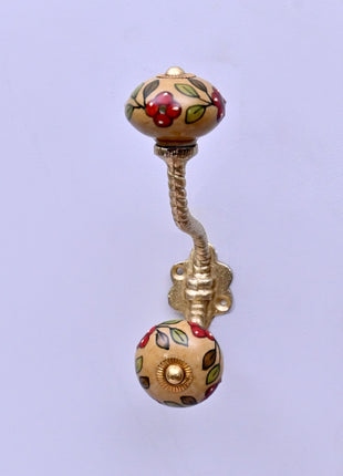 Red Flower & Colorful Leaf Ceramic Knob With Metal Wall Hanger