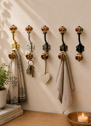 Red Flower & Colorful Leaf Ceramic Knob With Metal Wall Hanger