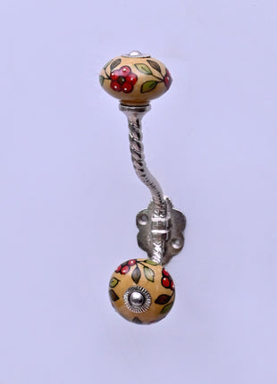 Red Flower & Colorful Leaf Ceramic Knob With Metal Wall Hanger