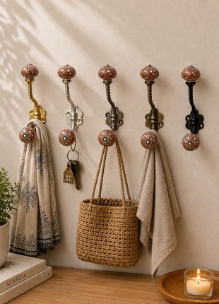 White Speckled Pattern on Rustic Brown Ceramic Knob With Metal Wall Hanger