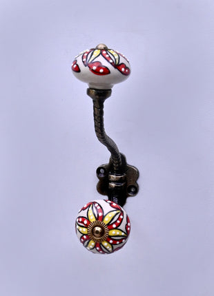 Red & Yellow Floral Pattern on Off White Ceramic Knob With Metal Wall Hanger