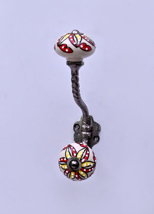 Red & Yellow Floral Pattern on Off White Ceramic Knob With Metal Wall Hanger
