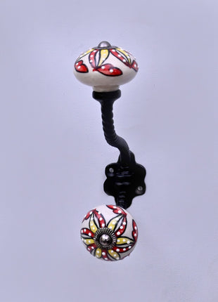 Red & Yellow Floral Pattern on Off White Ceramic Knob With Metal Wall Hanger