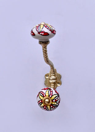 Red & Yellow Floral Pattern on Off White Ceramic Knob With Metal Wall Hanger