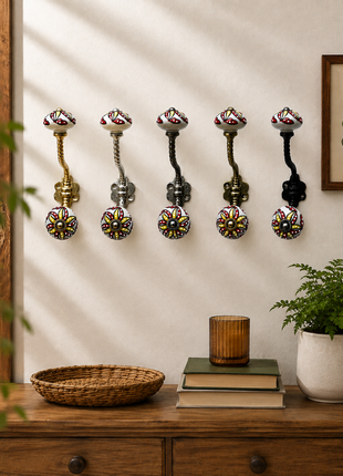 Red & Yellow Floral Pattern on Off White Ceramic Knob With Metal Wall Hanger