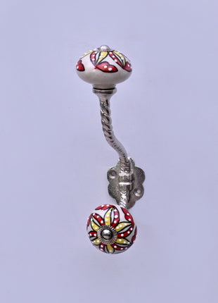 Red & Yellow Floral Pattern on Off White Ceramic Knob With Metal Wall Hanger