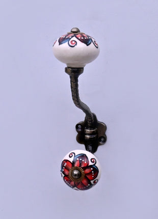 Red & Black Floral on White Ceramic Knob With Metal Wall Hanger
