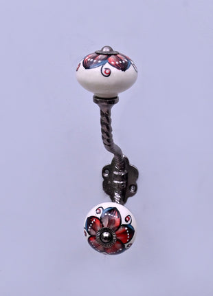 Red & Black Floral on White Ceramic Knob With Metal Wall Hanger