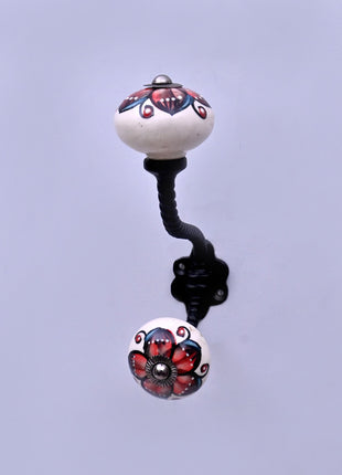 Red & Black Floral on White Ceramic Knob With Metal Wall Hanger