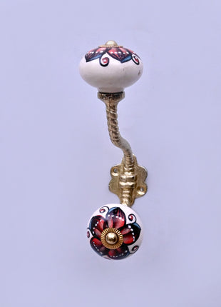 Red & Black Floral on White Ceramic Knob With Metal Wall Hanger