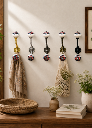 Red & Black Floral on White Ceramic Knob With Metal Wall Hanger
