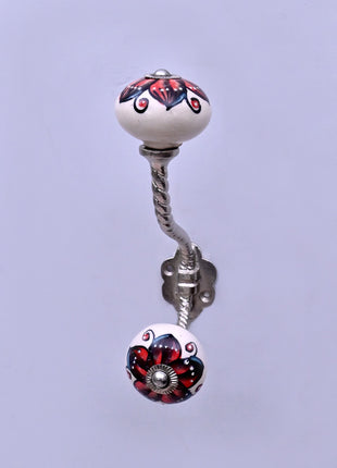 Red & Black Floral on White Ceramic Knob With Metal Wall Hanger
