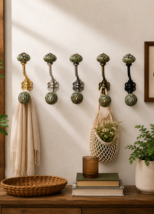 Earthy Speckled Texture Moss Green Ceramic Knob With Metal Wall Hanger