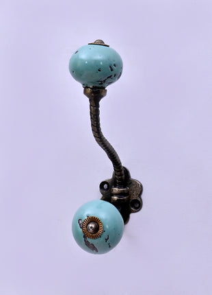 Black Distressed & Light Turquoise Ceramic Knob With Metal Wall Hanger