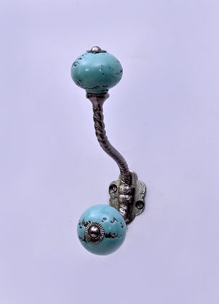 Black Distressed & Light Turquoise Ceramic Knob With Metal Wall Hanger