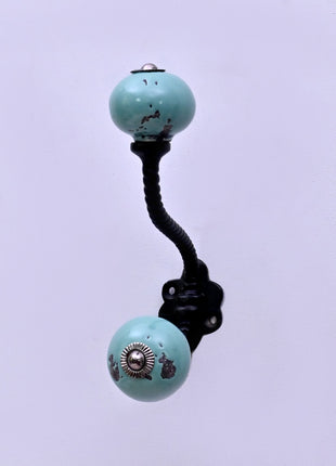Black Distressed & Light Turquoise Ceramic Knob With Metal Wall Hanger