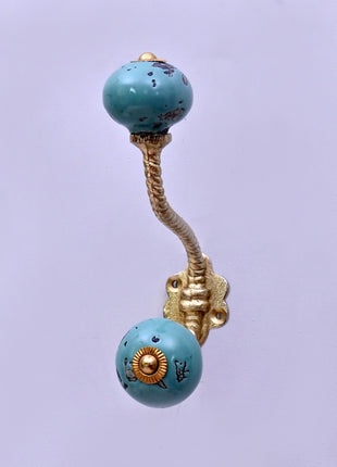 Black Distressed & Light Turquoise Ceramic Knob With Metal Wall Hanger