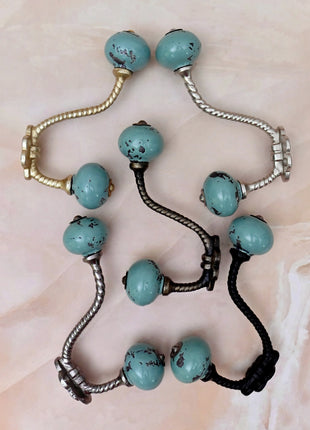 Black Distressed & Light Turquoise Ceramic Knob With Metal Wall Hanger