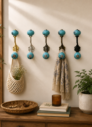 Black Distressed & Light Turquoise Ceramic Knob With Metal Wall Hanger