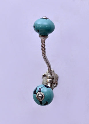 Black Distressed & Light Turquoise Ceramic Knob With Metal Wall Hanger