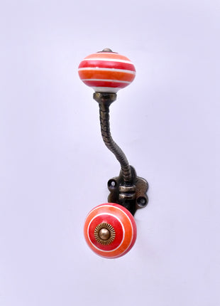 Coral Red & Orange Striped Concentric Ring Ceramic Knob With Metal Wall Hanger