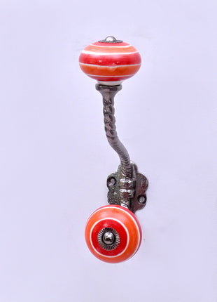 Coral Red & Orange Striped Concentric Ring Ceramic Knob With Metal Wall Hanger