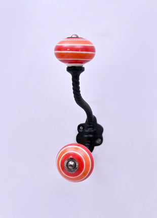 Coral Red & Orange Striped Concentric Ring Ceramic Knob With Metal Wall Hanger