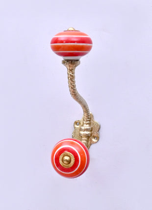 Coral Red & Orange Striped Concentric Ring Ceramic Knob With Metal Wall Hanger