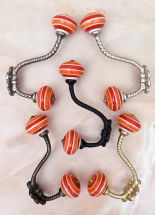 Coral Red & Orange Striped Concentric Ring Ceramic Knob With Metal Wall Hanger