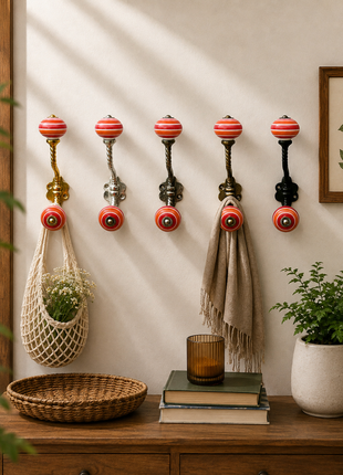 Coral Red & Orange Striped Concentric Ring Ceramic Knob With Metal Wall Hanger