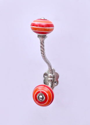 Coral Red & Orange Striped Concentric Ring Ceramic Knob With Metal Wall Hanger