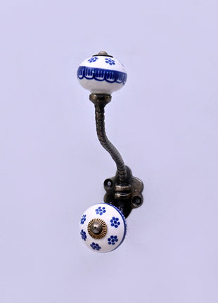 Blue Flower on White Ceramic Knob With Metal Wall Hanger