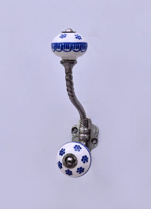 Blue Flower on White Ceramic Knob With Metal Wall Hanger