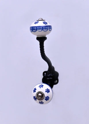 Blue Flower on White Ceramic Knob With Metal Wall Hanger
