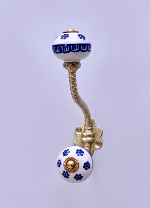 Blue Flower on White Ceramic Knob With Metal Wall Hanger