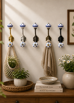 Blue Flower on White Ceramic Knob With Metal Wall Hanger