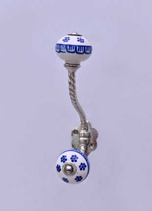 Blue Flower on White Ceramic Knob With Metal Wall Hanger