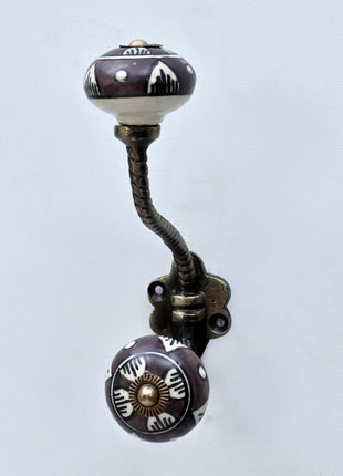 Dark Brown & White Traditional Pattern Ceramic Knob With Metal Wall Hanger