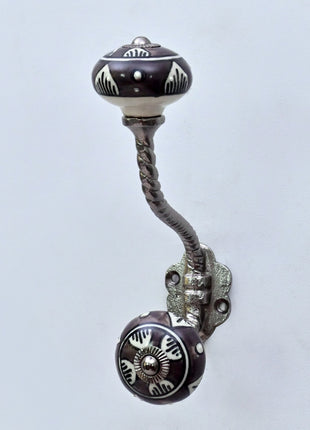 Dark Brown & White Traditional Pattern Ceramic Knob With Metal Wall Hanger
