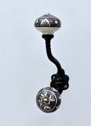 Dark Brown & White Traditional Pattern Ceramic Knob With Metal Wall Hanger