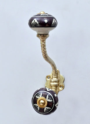 Dark Brown & White Traditional Pattern Ceramic Knob With Metal Wall Hanger