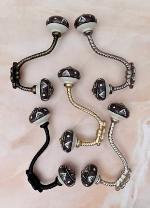 Dark Brown & White Traditional Pattern Ceramic Knob With Metal Wall Hanger