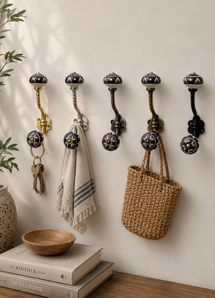 Dark Brown & White Traditional Pattern Ceramic Knob With Metal Wall Hanger